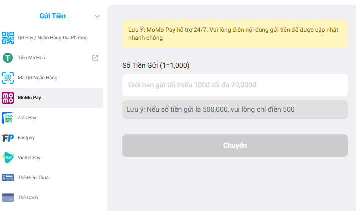 Nhập thông tin nạp tiền fun88